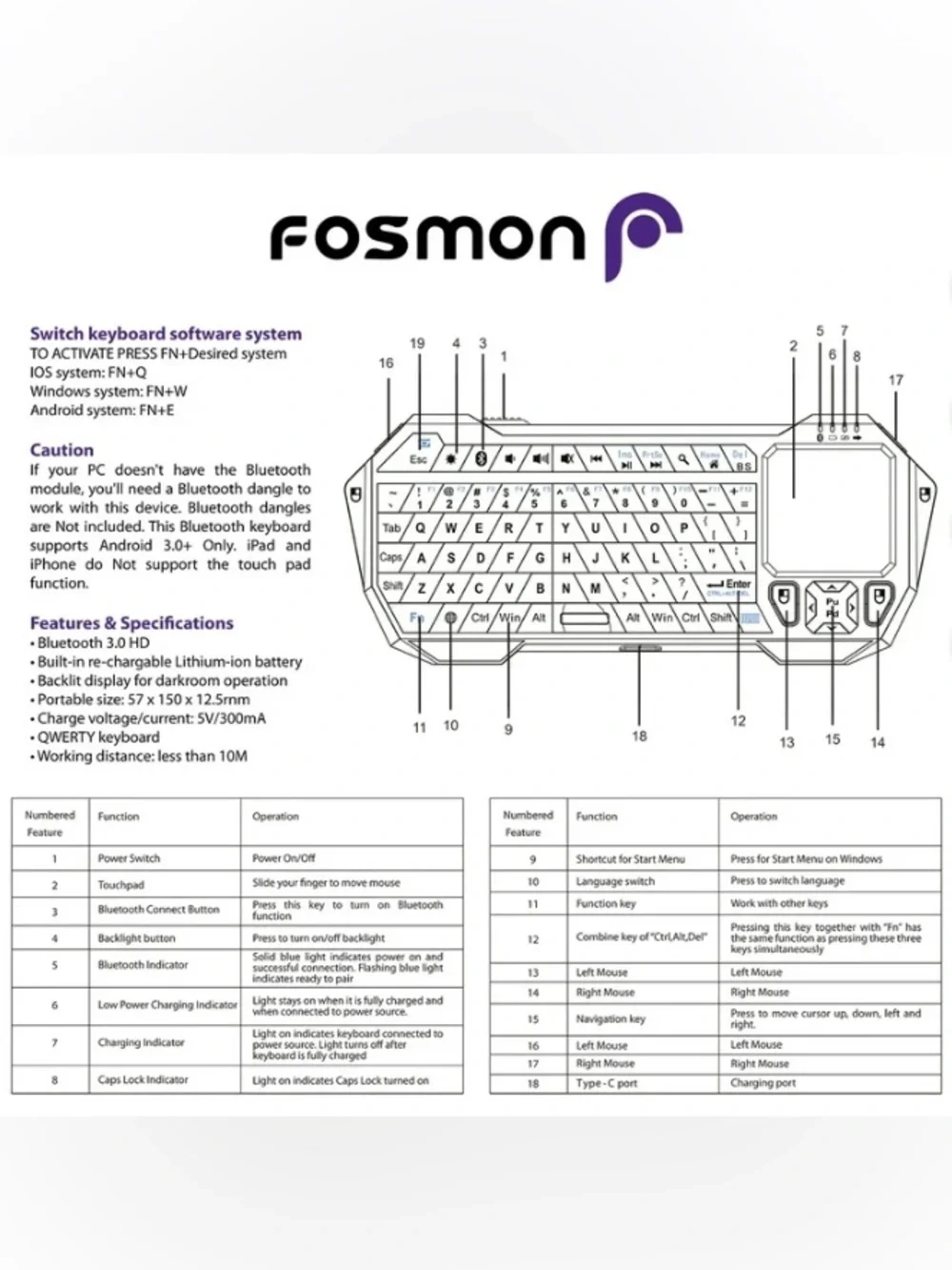 Fosmon Mini Bluetooth Keyboard Touchpad Rechargeable Wireless Remote